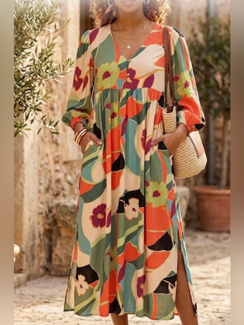 Easel boho floral maxi dress relaxed fit. Geometric design pockets side slit S